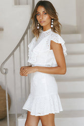 Angelisa White Hollow-Out Lace Mini Dress